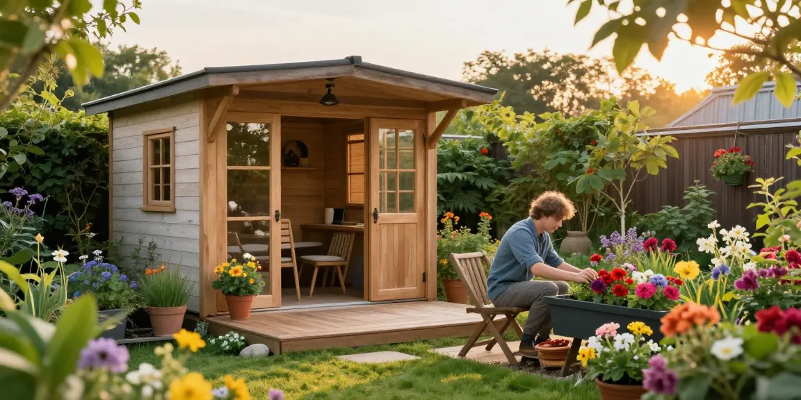 Hochwertiges Gartenhaus in einem schönen Garten mit bunten Blumen und ruhiger Atmosphäre.