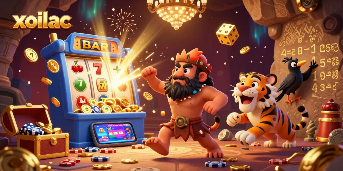 Xoilac casino characters embody excitement in a vibrant prehistoric casino scene with rich details.