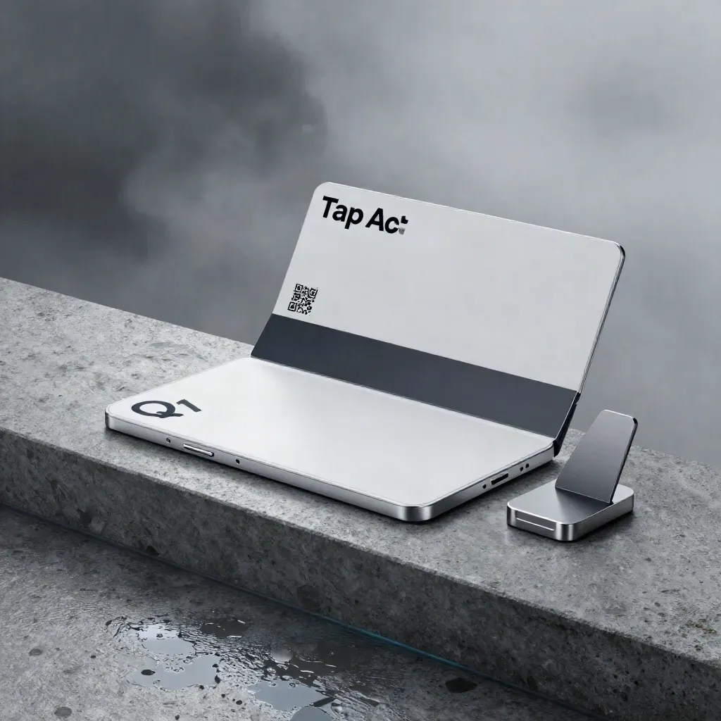 Dramatisches Produktbild: weiße Mobile-Seite, QR-Board und Dock auf nassem Beton.