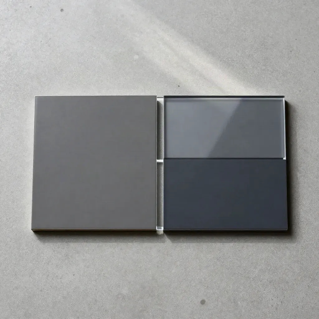 Zwei Prototyp-Kacheln mit Trennblock auf Beton, streng von oben fotografiert.