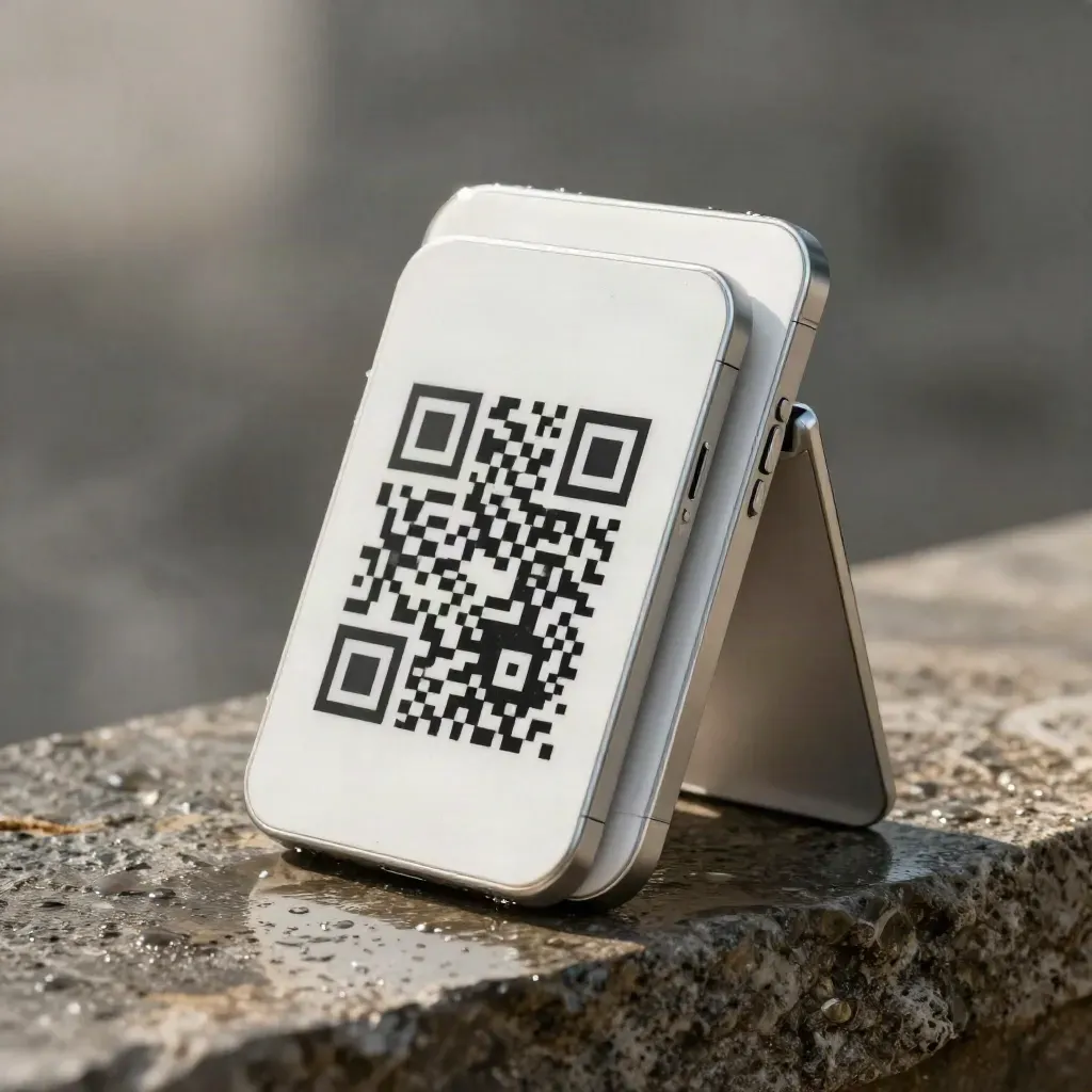Makro eines QR-Tap-Kits auf nassem Stein mit Smartphone, Code-Stand und Dampfschleier