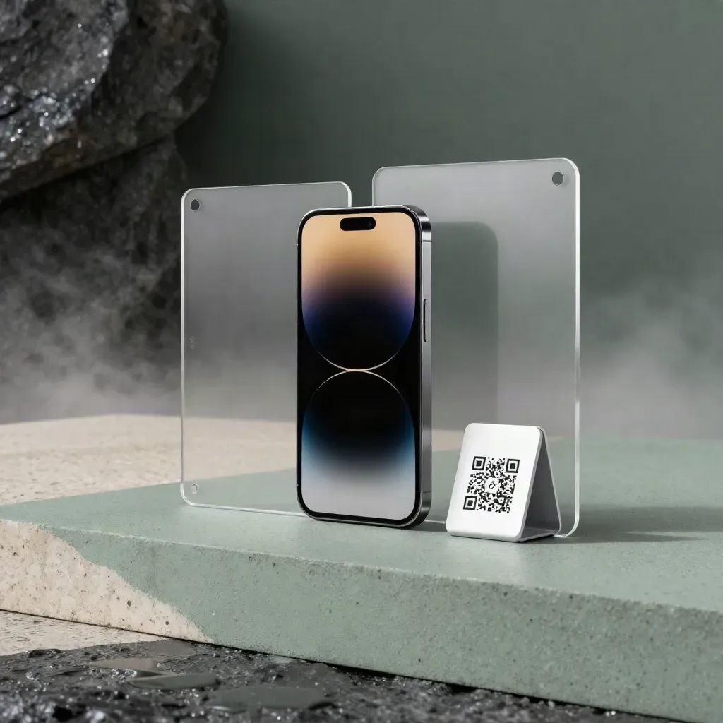 Tap-Act-Produktkit mit Smartphone, Acryltafeln und QR-Stand auf nassem Stein.