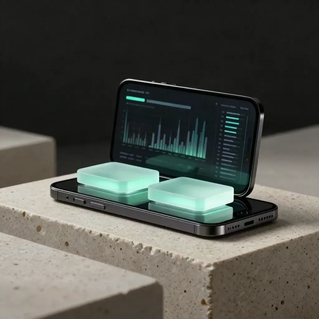 Dunkles Dashboard-Tile mit Smartphone und zwei mintfarbenen Statuschips auf Travertin.