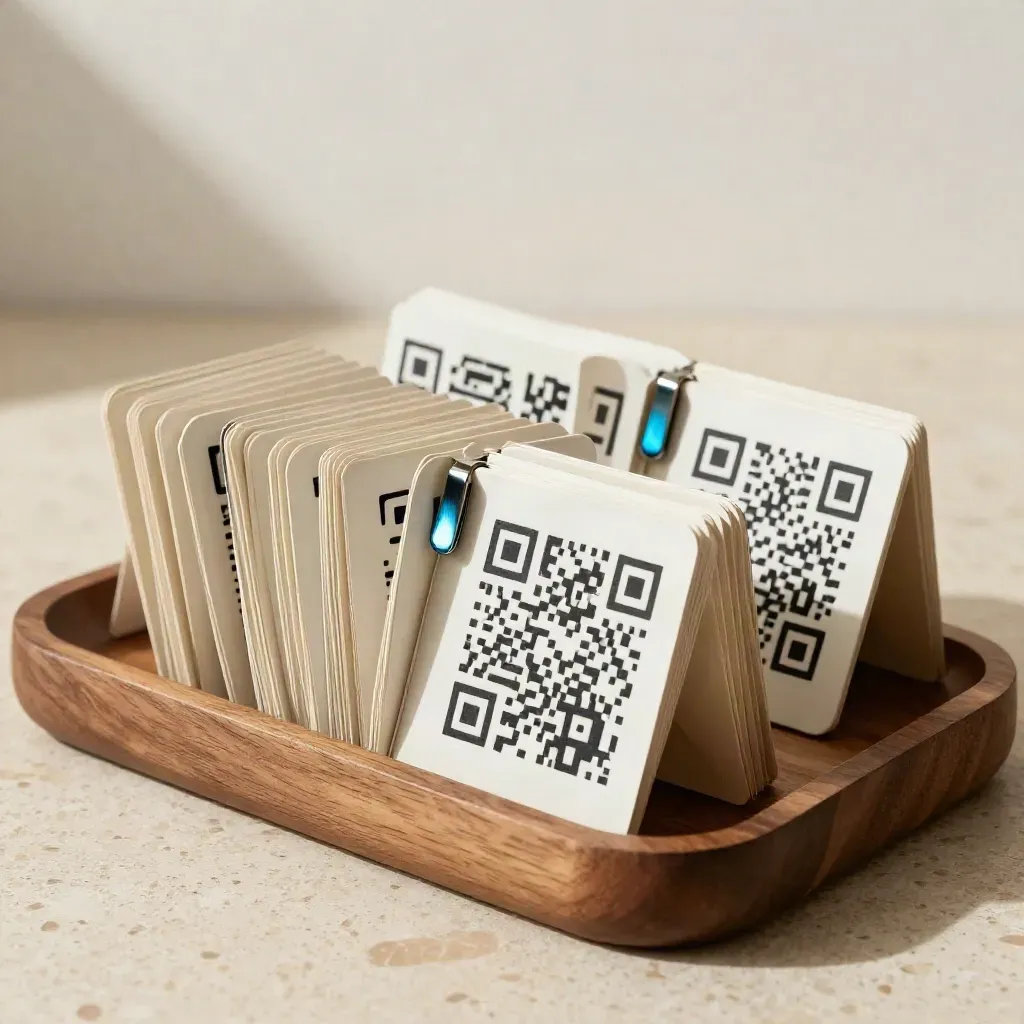 Fächer aus 20 QR-Tischkarten in einer Metallklammer auf hellem Steinputz