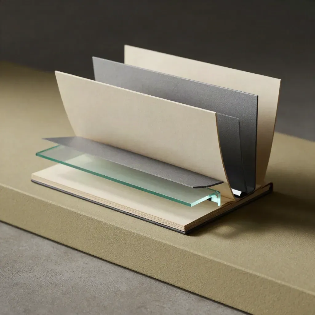Drei matte Seitenmodule mit Acrylabstandshalter und Leinenfalte im Studio.