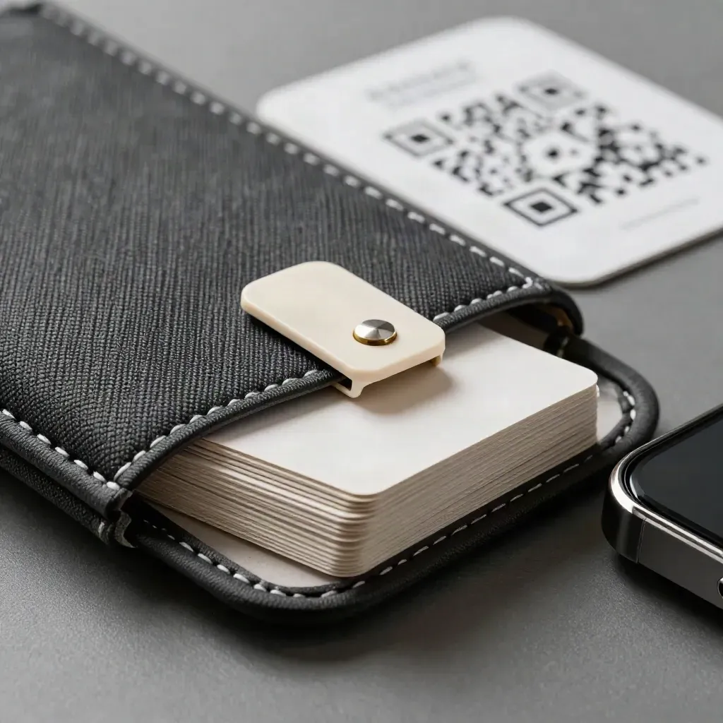 Nahaufnahme eines QR-Kits mit Stoffhülle, Faltständer, Karten und Smartphone