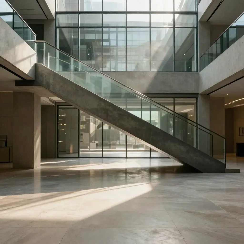Lichtdurchflutetes Atrium mit Betontreppe, Glas und ruhiger Fläche für Text