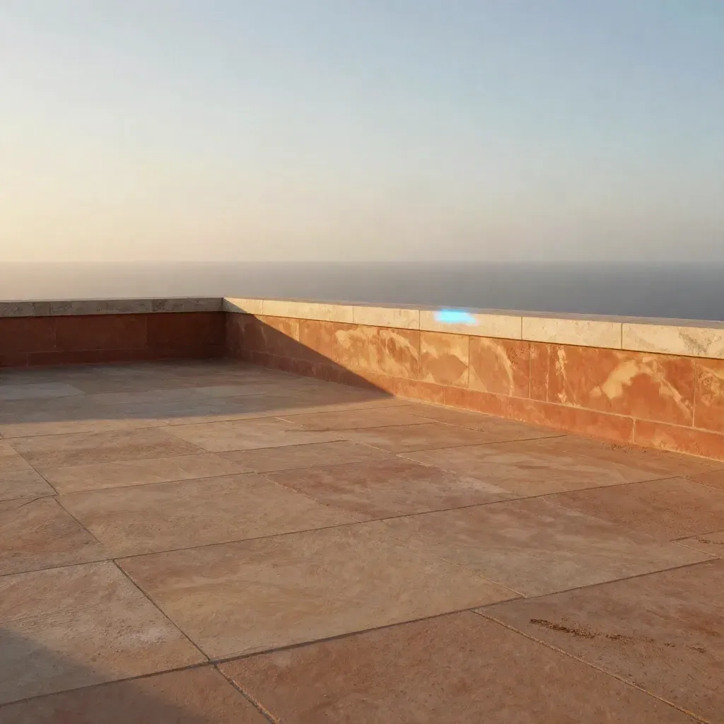 Sandstein-Dachterrasse im Goldlicht mit hellem Geländer und flirrenden Horizontlinien.