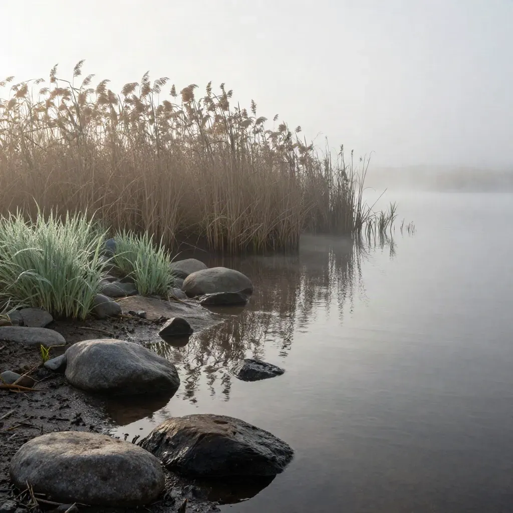 Nebliges Feuchtgebiet mit Schilf, stillen Wasserflächen und glatten Steinen.