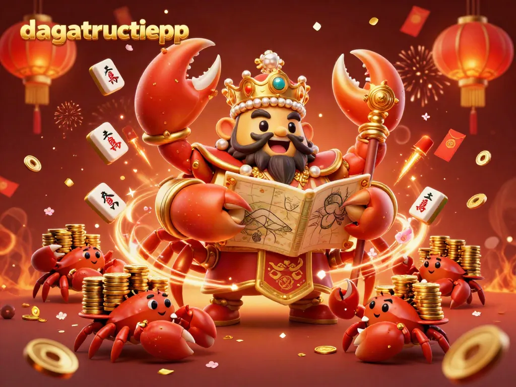 Experience the excitement of dagatructiepp with a lively scene featuring a golden crab emperor and his treasure.