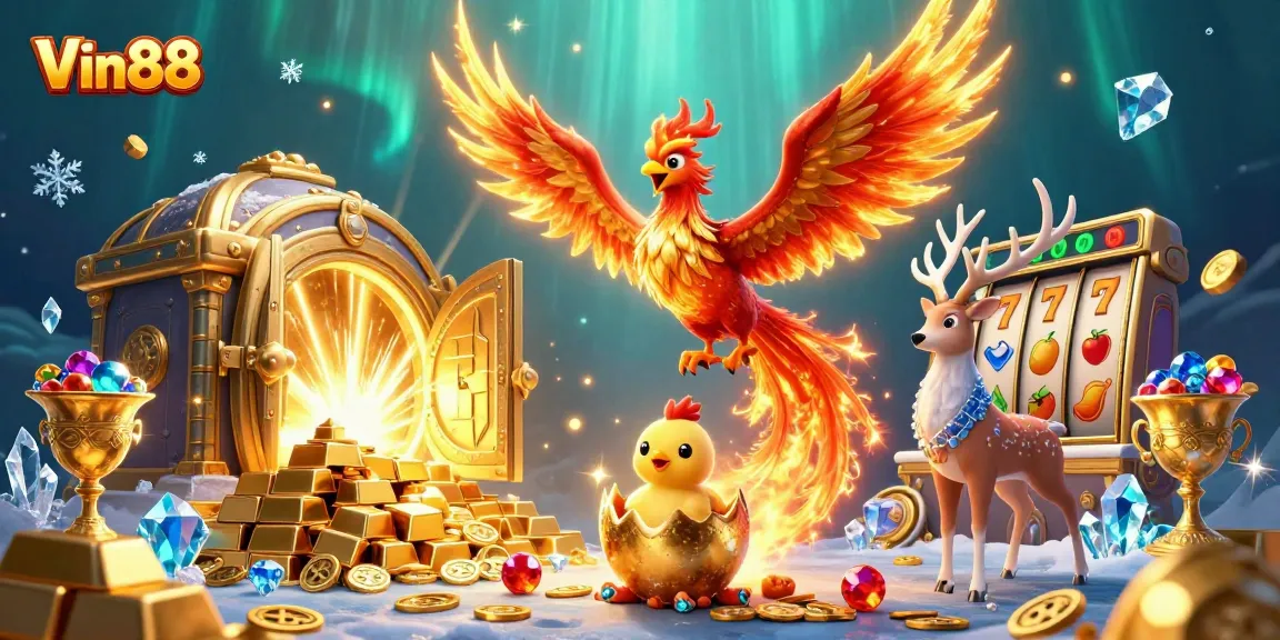 Experience the magic of Vin88 with a vibrant 3D illustration of gaming elements and enchanting creatures.