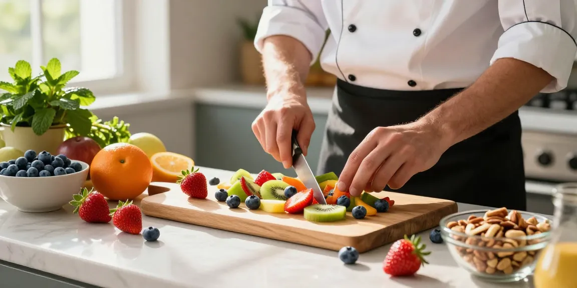 Delicious fruit salad preparation in a vibrant kitchen emphasizing เว็บสล็อต.