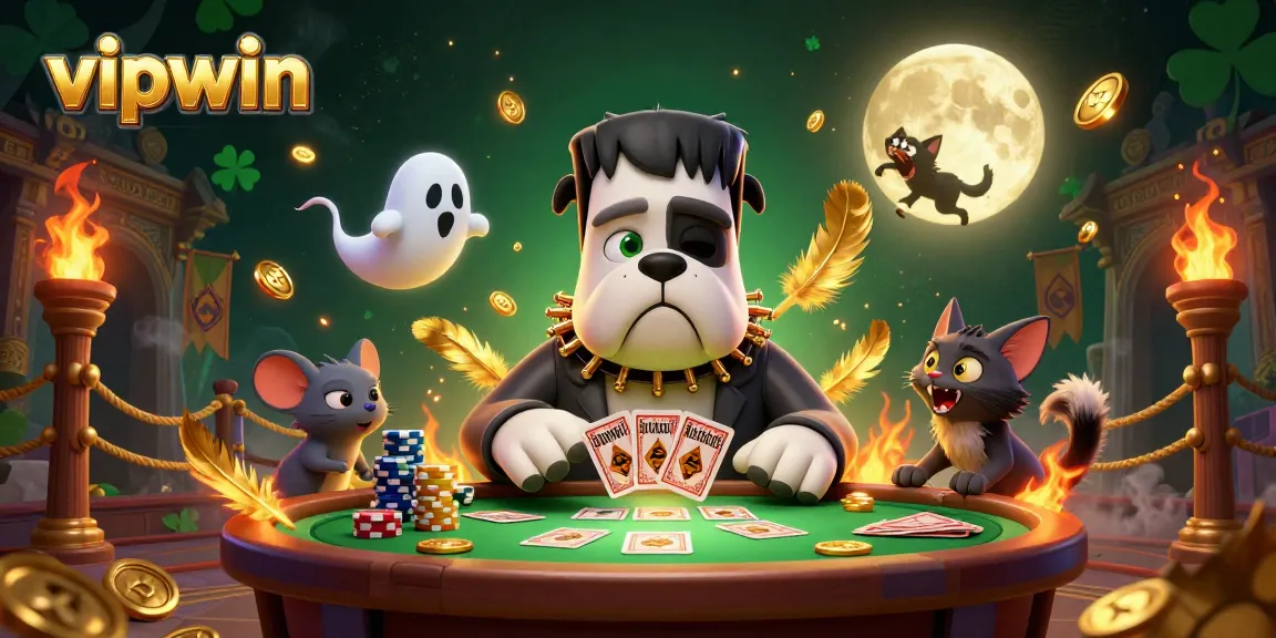 Experience the thrill of betting with vipwin, as the Frankenstein bulldog dealer engages players at a haunted casino table.