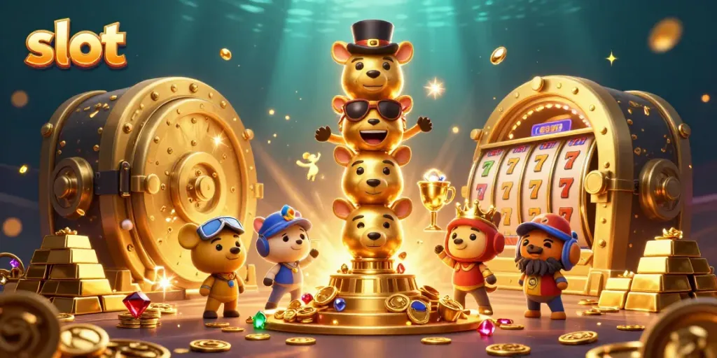 Spin the slots with golden treasures and animated characters in a vibrant casino scene
