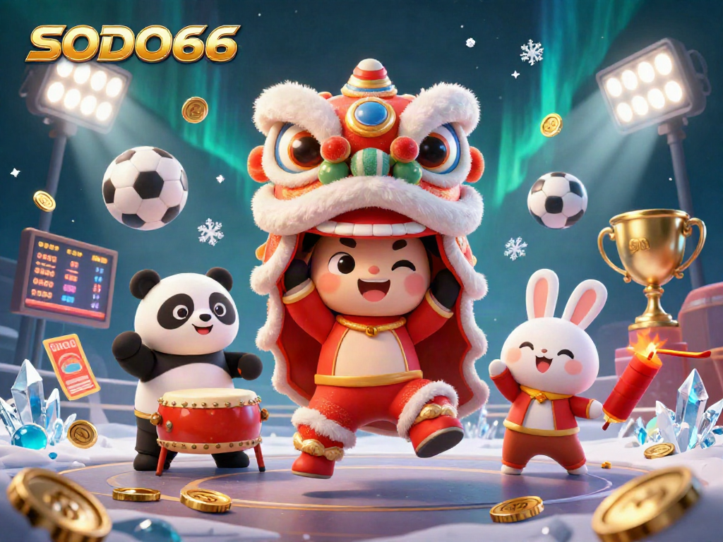 SODO66 engages users with a vibrant, illustrated casino scene featuring a lion dance and festive elements.