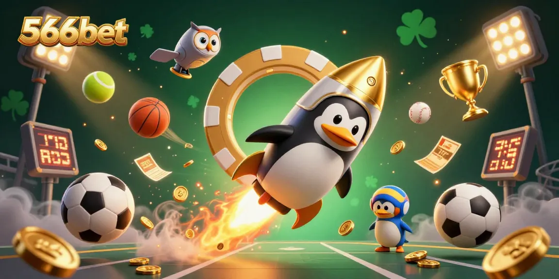 Watch the golden penguin zoom through space with 566bet casino elements, winning prizes!