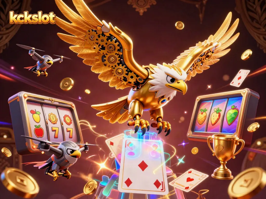 Kckslot menyajikan ilustrasi 3D yang menampilkan elang emas cybernetic dalam suasana permainan slot yang penuh aksi.