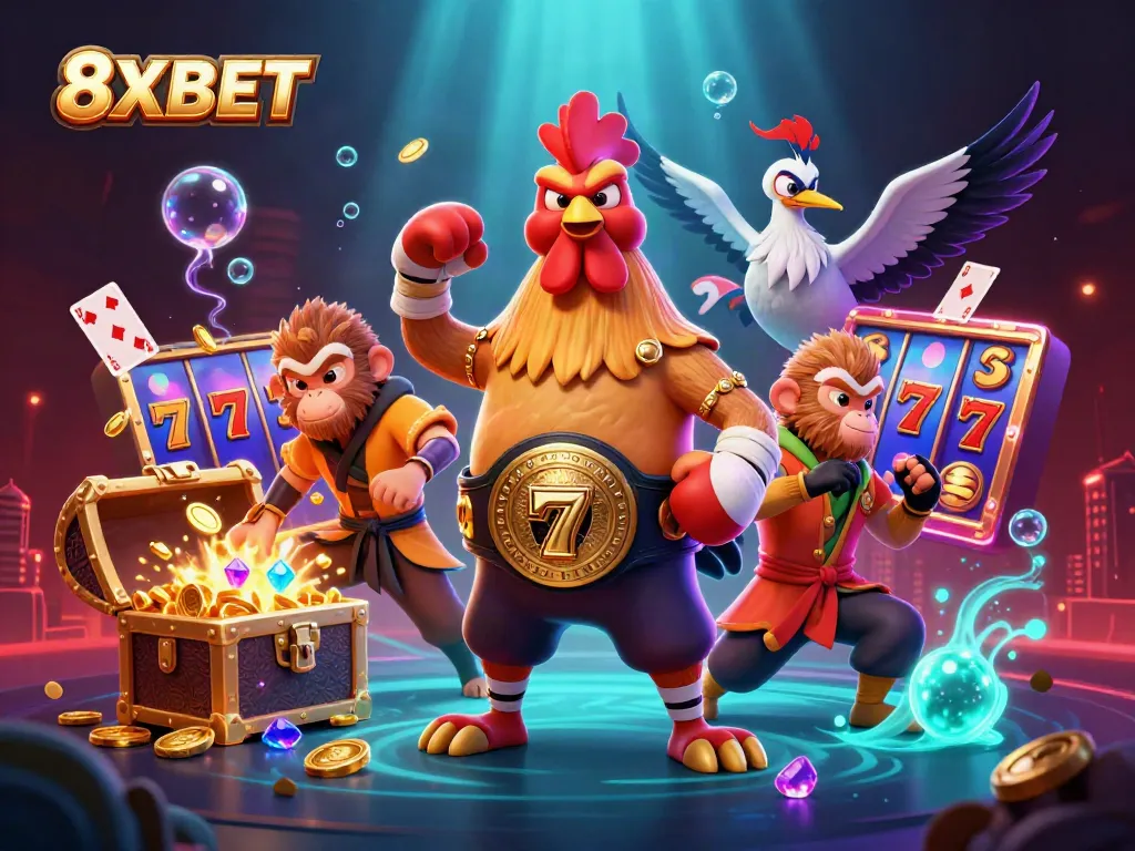 Engaging 8XBET scene with winning strategies including slot machines and colorful characters.