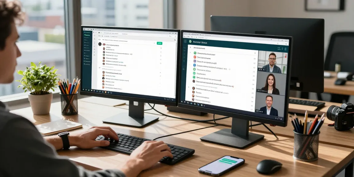 Engaging workspace with WhatsApp電腦版 on screens, reflecting modern communication.