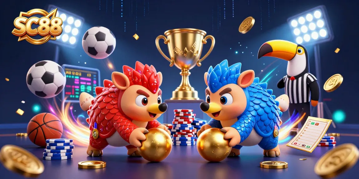 Experience the thrilling SC88 pangolin showdown, rolling into gold and poker chips in a dynamic casino scene.