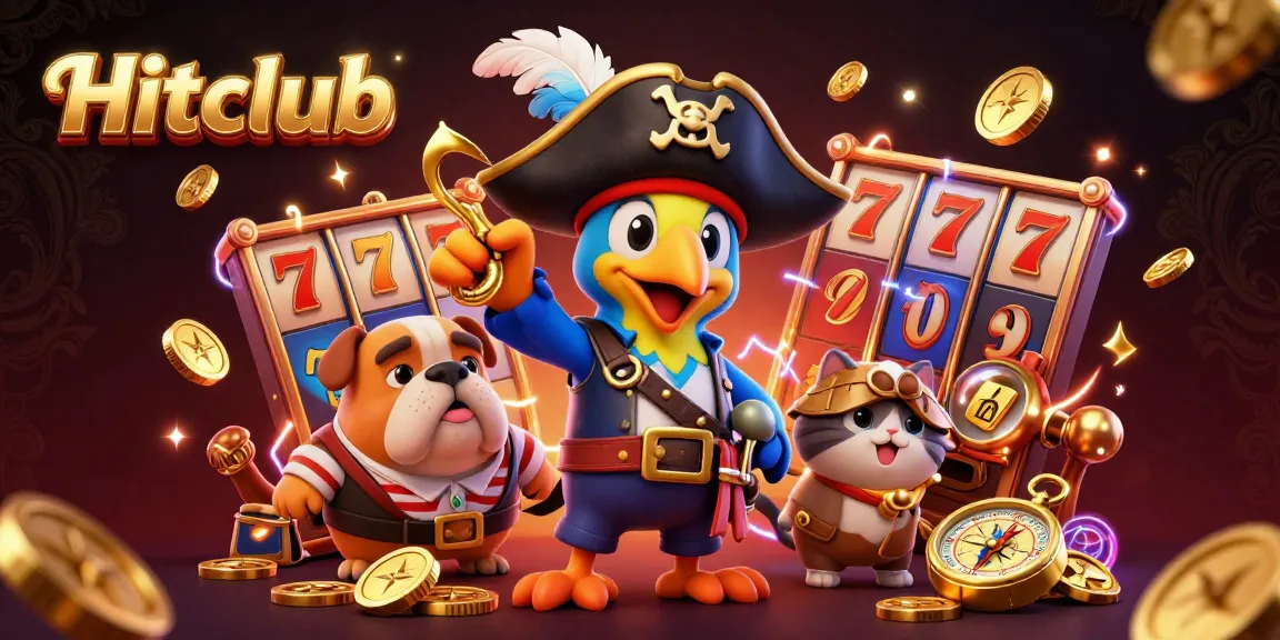 Experience Hitclub's thrilling casino scene with cartoon characters and vibrant slot game elements.