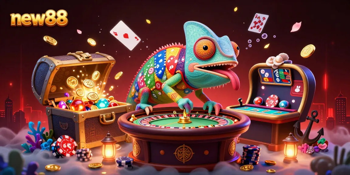 New88’s colorful chameleon casino owner captures excitement at a vibrant online gaming scene.