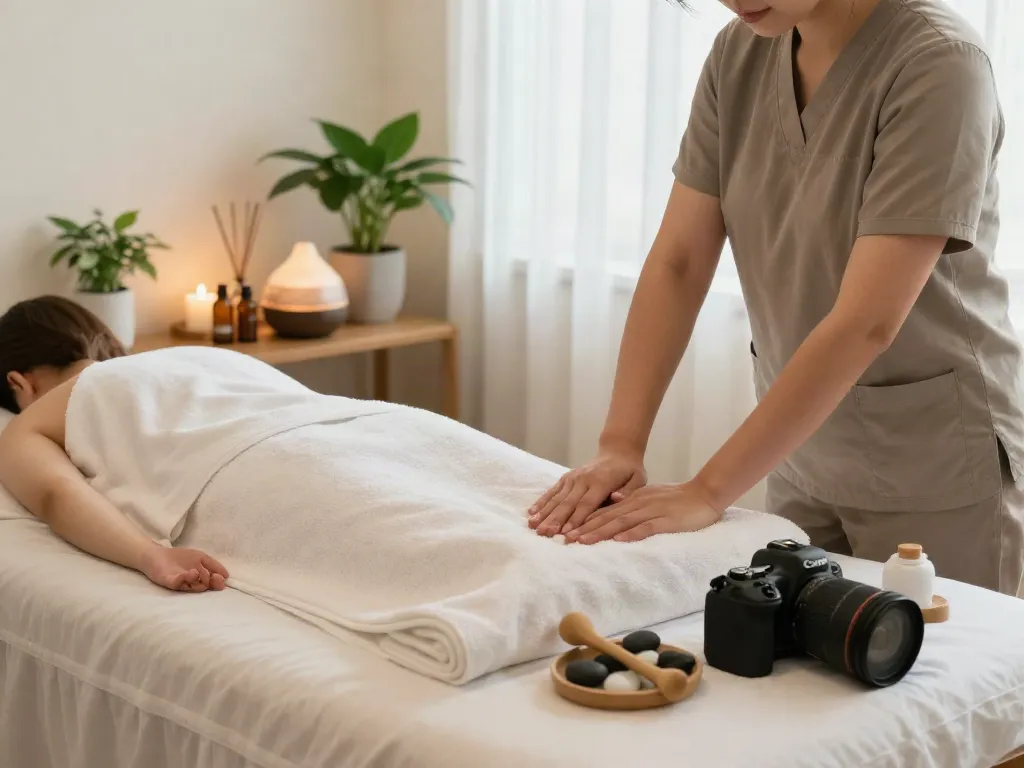 Serene wellness atmosphere showcasing 성북출장마사지 with a tranquil massage setting and calming elements.