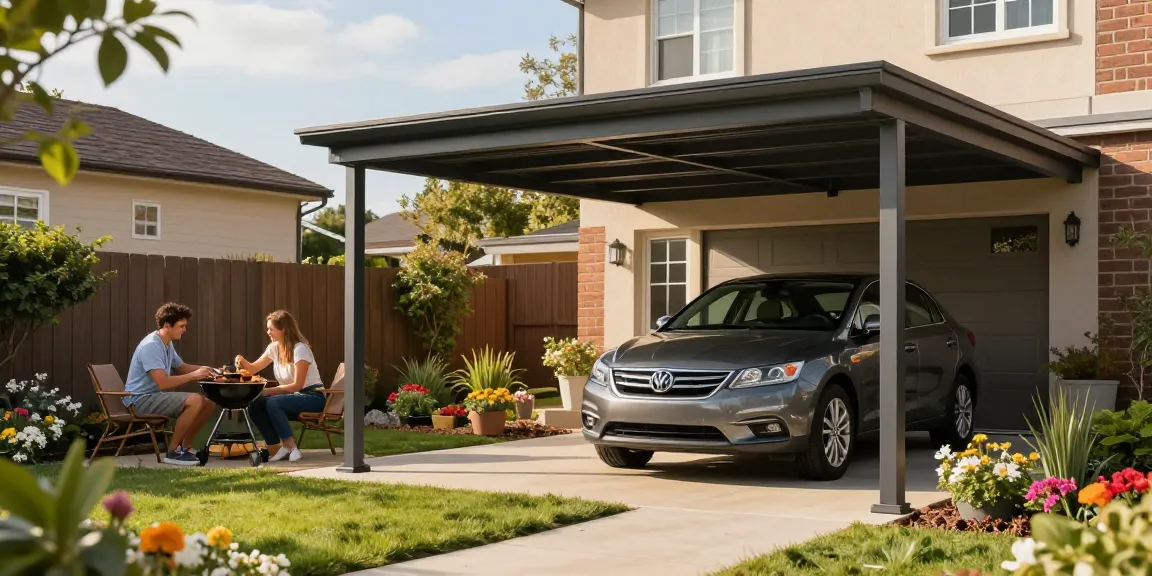 Moderne Carport-Landschaft mit Fahrzeug und gemütlichem Garten.