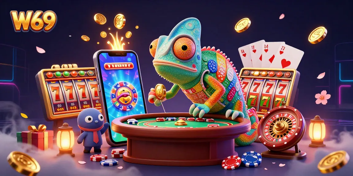 W69 casino scene with a chameleon owner and slot game elements erupting with excitement.