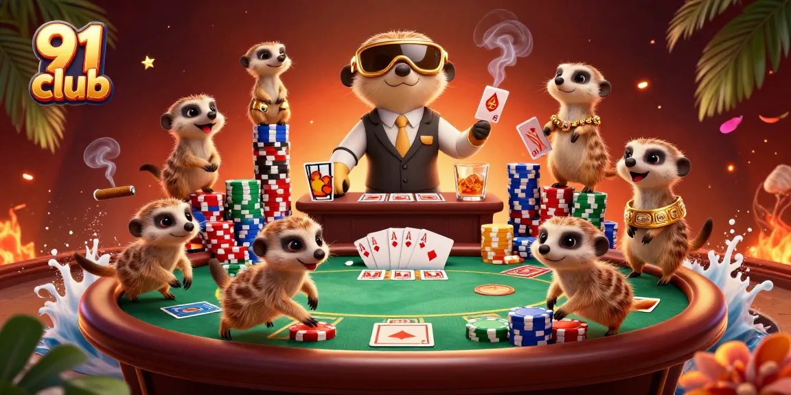 Meerkats enjoying a 91 club casino experience with poker action, vibrant elements, and engaging gameplay.