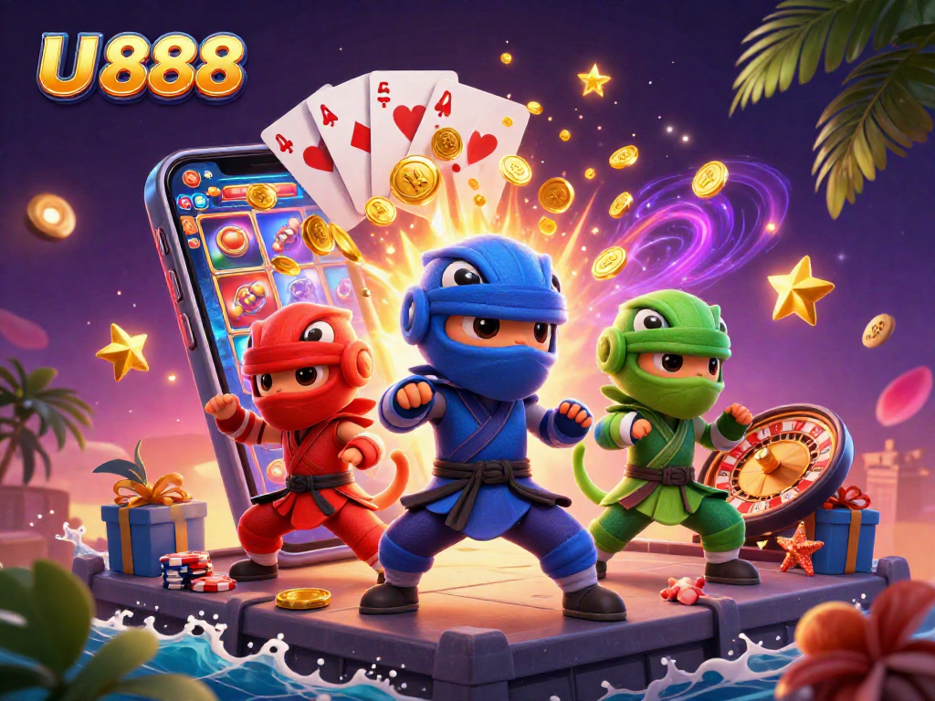 Experience U 888 with engaging ninja chameleons in a vibrant casino scene of slot games and dynamic elements.
