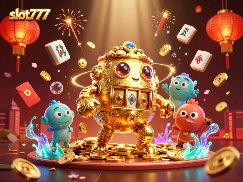 Engage in thrilling slot777 adventures with a golden golem and casino elements dynamically illustrated.