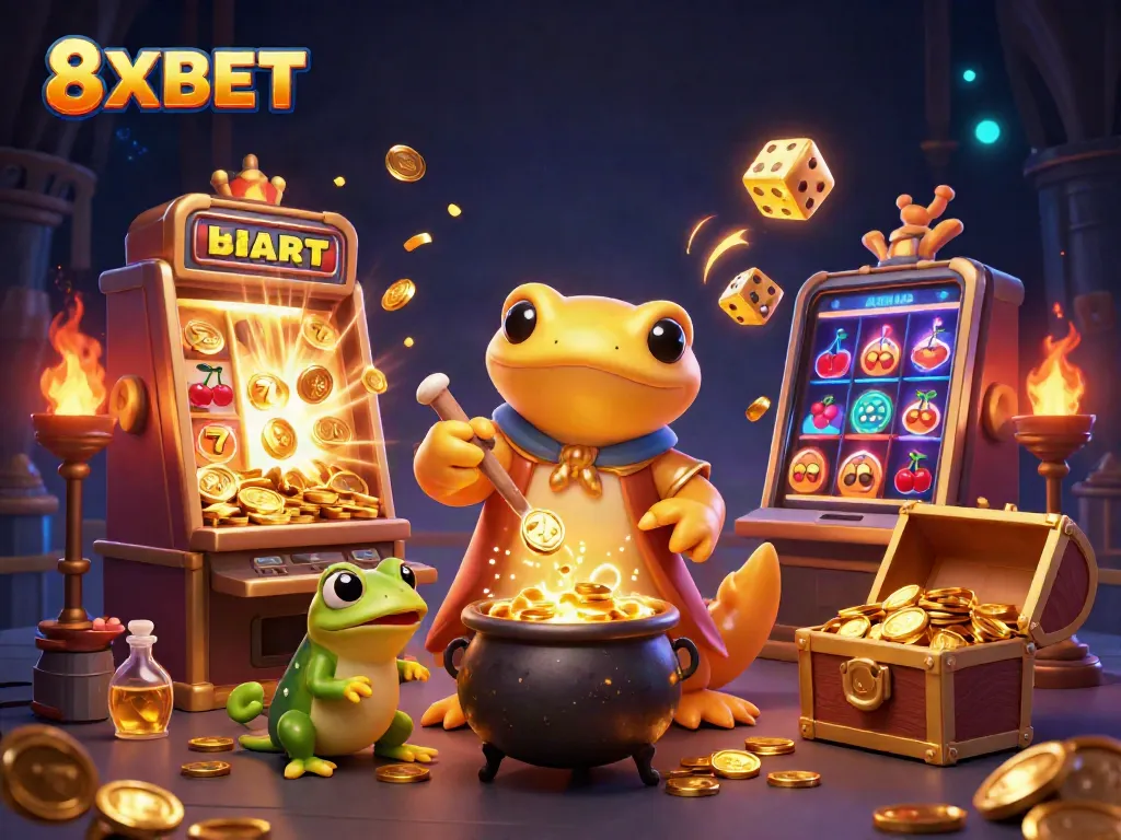 8XBET offers an enchanting online gaming experience with vibrant illustrations of slots, gold coins, and lively characters.