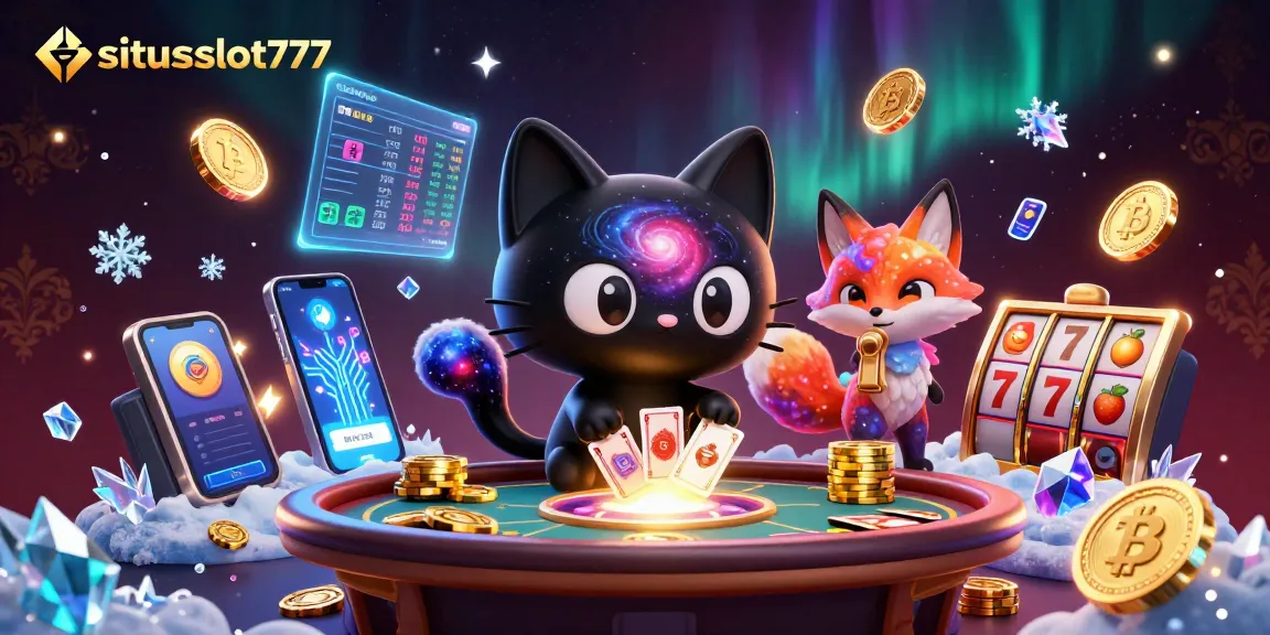 Engage with situsslot777 as the cosmic cat and colorful fox attract winnings at a vibrant casino table.