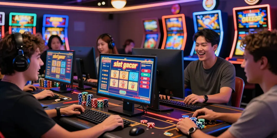 Engaged players enjoying high payouts on "slot gacor" in a vibrant online casino atmosphere, illuminated screens, and colorful chips.
