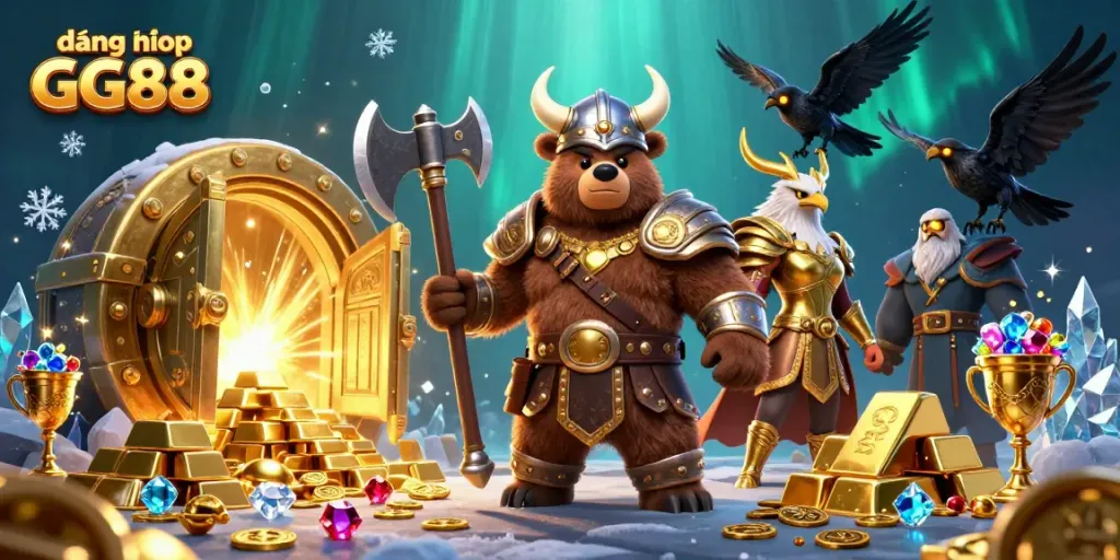 Engage in thrilling gameplay with "đăng nhập GG88" featuring a Viking bear and Valkyrie eagle amid golden treasures.