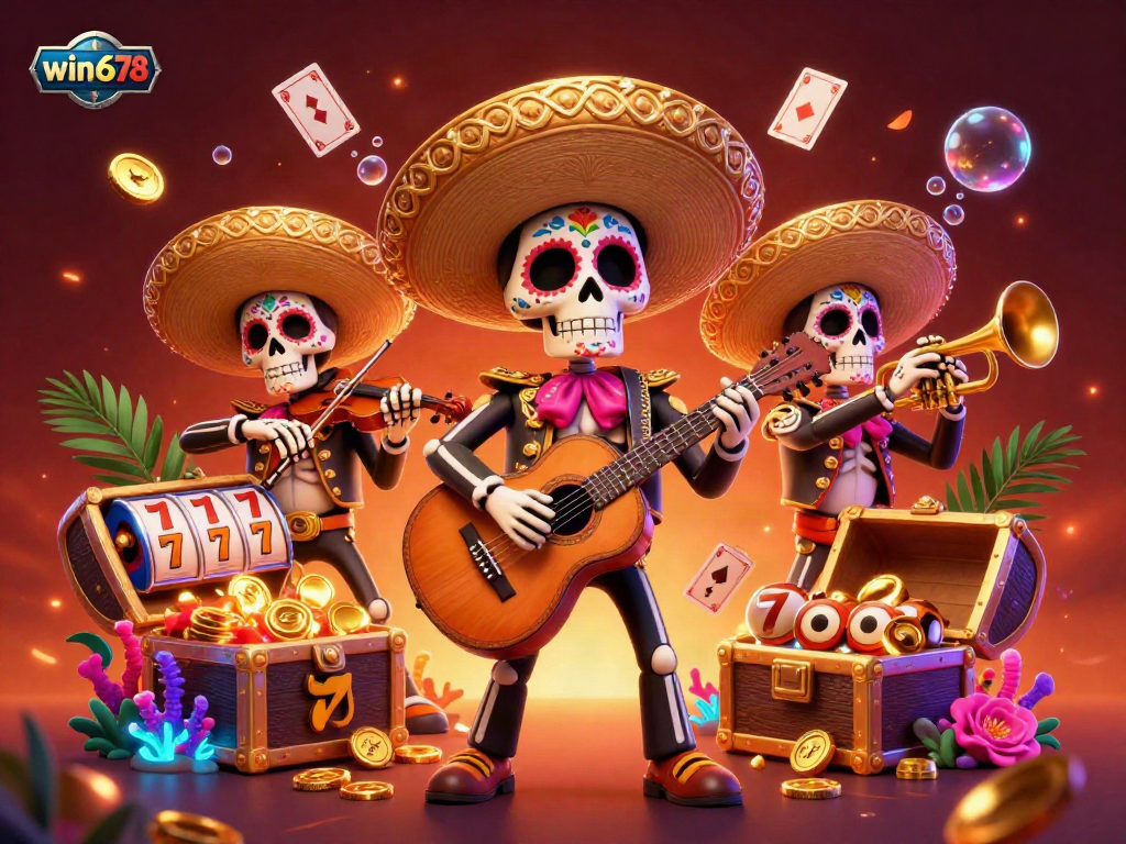 Spin to win with win678 in a vibrant 3D illustration of a mariachi band amidst colorful casino elements.