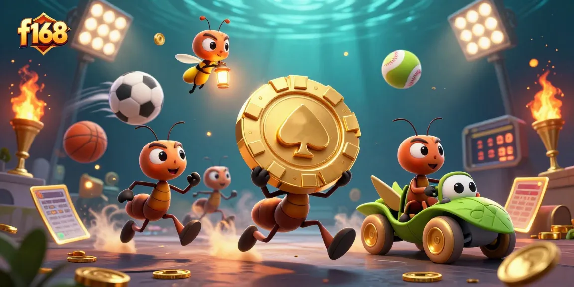 f168 showcases a 3D cartoon heist with ants carrying a golden poker chip amid dynamic casino elements.