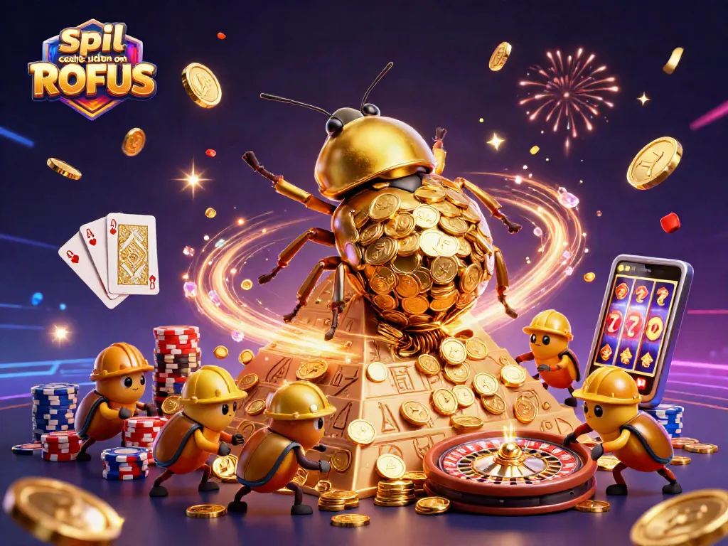 Engage in spil casino uden om ROFUS with exciting visuals of golden beetles and casino elements.
