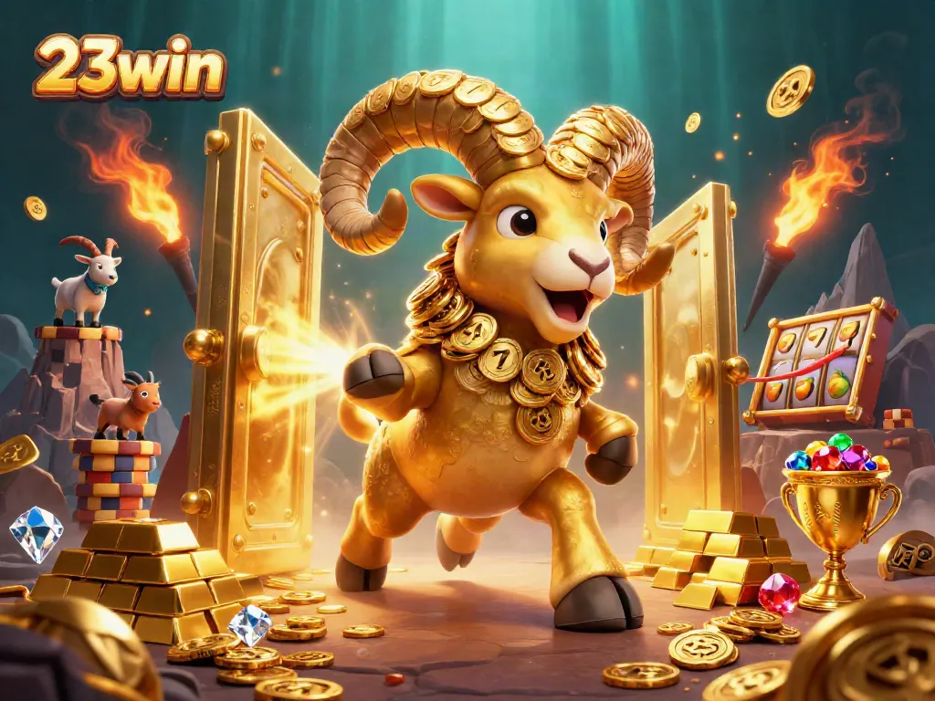 Experience the thrill with 23win as the golden ram charges towards jackpot glory in this vibrant casino scene.