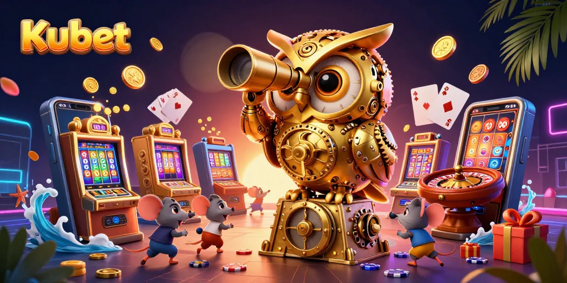 Kubet's stunning cartoon illustration showcasing a lively casino scene with owl and playful mice patrons.