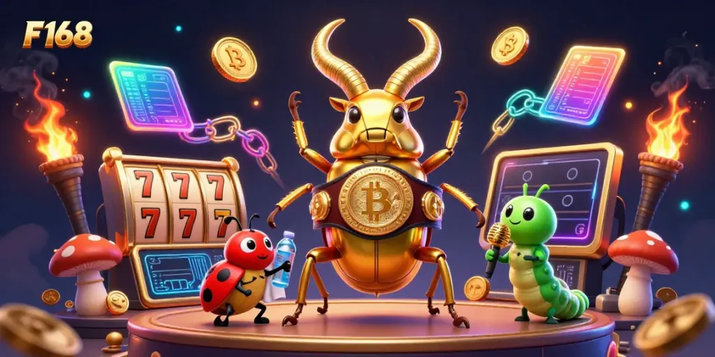 F168 gaming scene with a golden stag beetle and vibrant casino elements including slots and crypto coins.