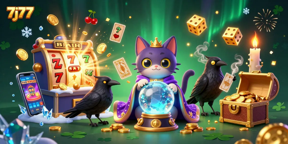 Engage with thrilling 7j77 casino adventures featuring a mystical cat and radiant designs.
