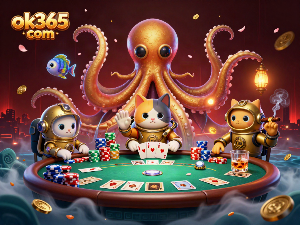Play exciting games at ok365 com featuring a cartoon kraken, diving cat, and poker action.