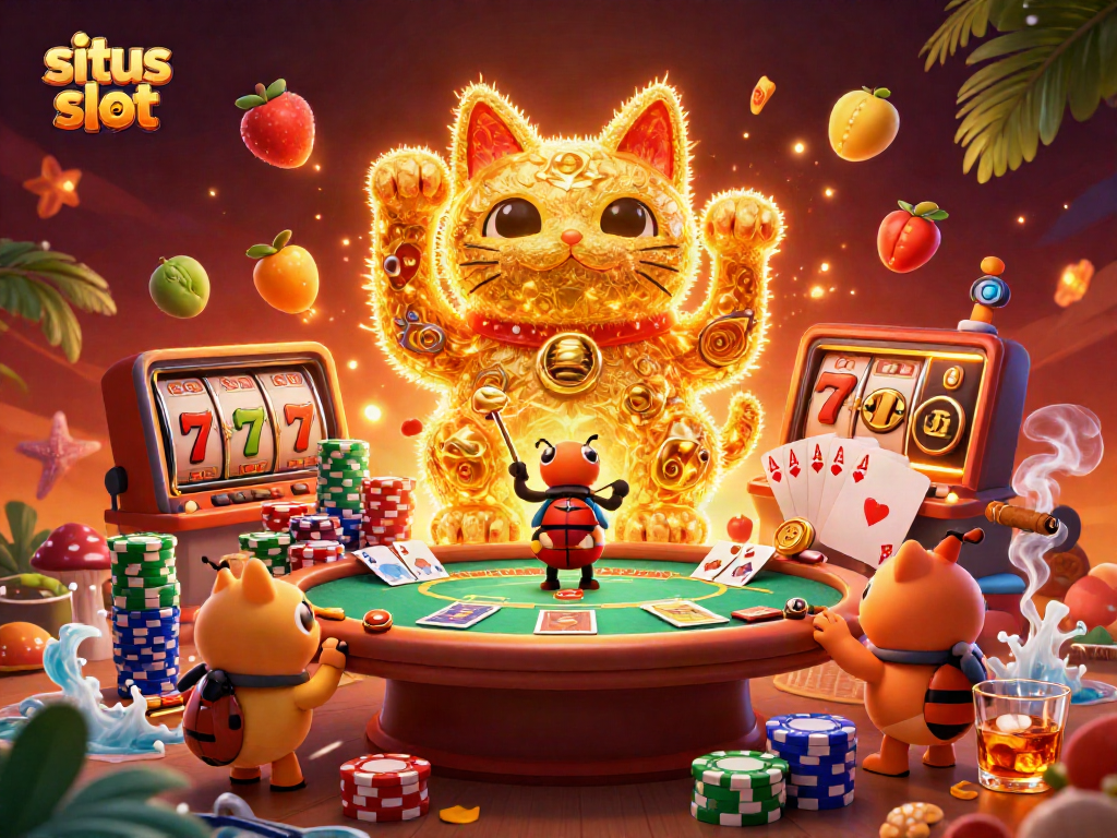 Experience excitement at situs slot with a vibrant 3D illustration of a lucky cat and casino symbols.