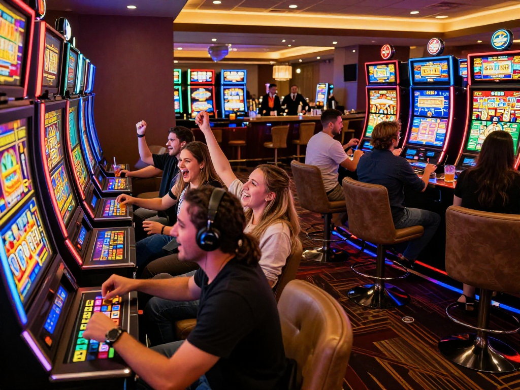 Friends celebrating wins at a lively casino, showcasing slot jackpot excitement and vibrant gaming atmosphere.