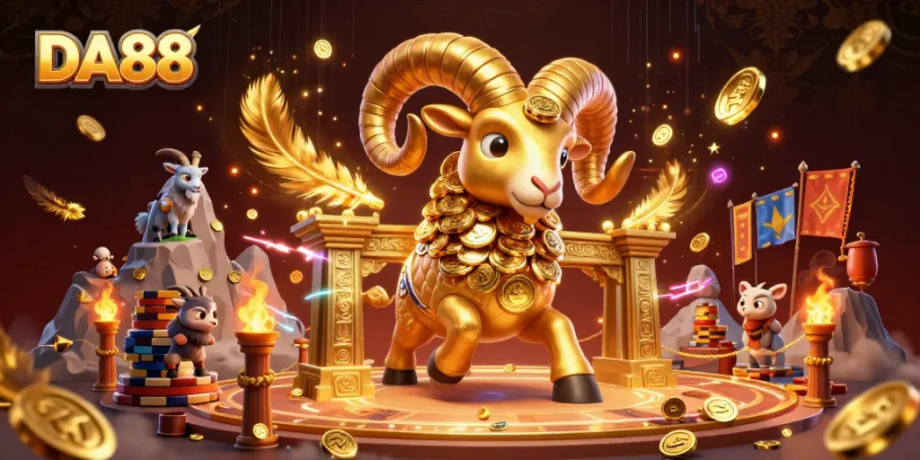Experience thrilling gameplay at DA88, featuring a golden charging ram and vibrant betting elements.