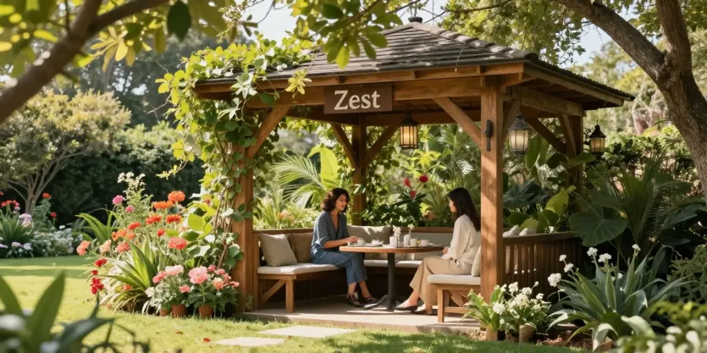 Zest Wooden Arbours nestled in a vibrant garden with a couple enjoying tea.