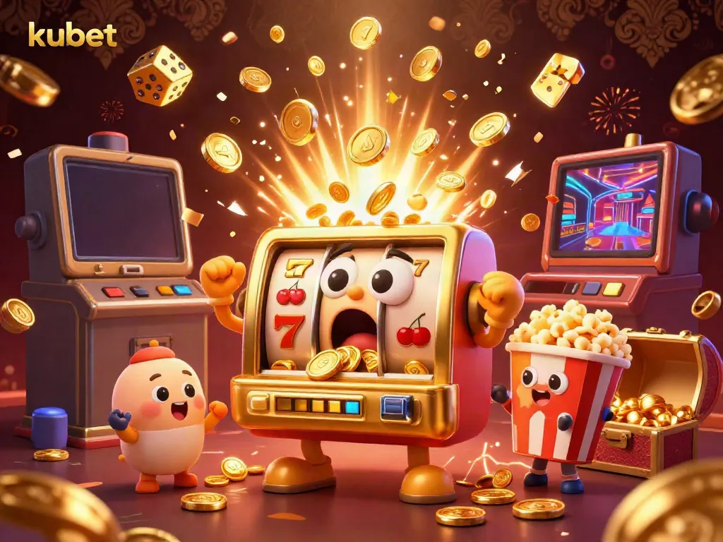 Kubet slot machine hitting a jackpot with coins pouring out, surrounded by cheering baby slot machines and a popcorn machine.