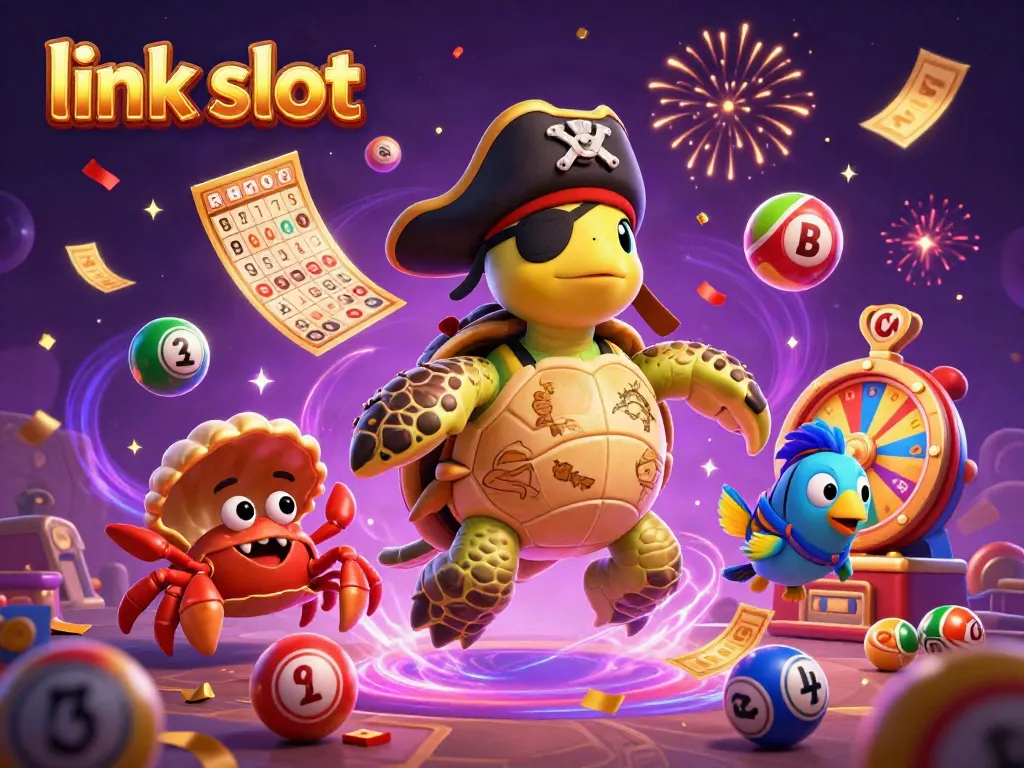 Experience the excitement of link slot with a dynamic scene of colorful characters and casino elements at play.